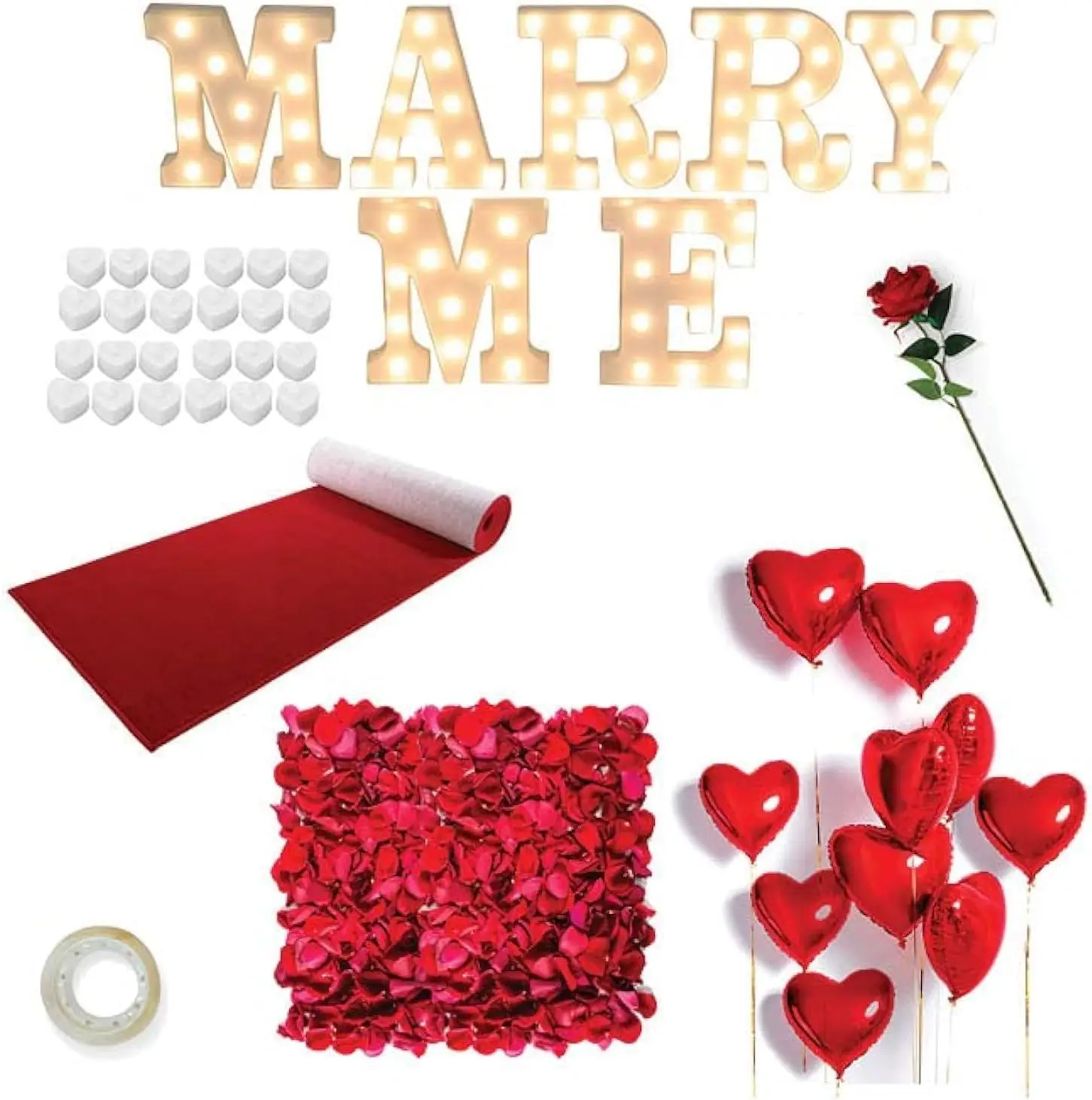 

Proposal Decorations Kit, Marry Me Light Up Letters, 2000 Rose Petals, 24 Heart Shaped Romantic Candles, Red Carpet Aisle