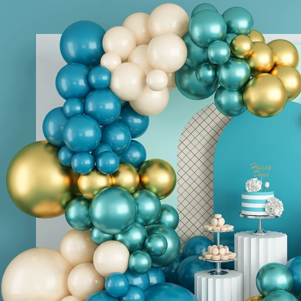 103Pcs Teal Blue Sand White Metallic Gold GreenLatex Balloon Garland Arch Kit for Birthday Baby Shower Party Decoration