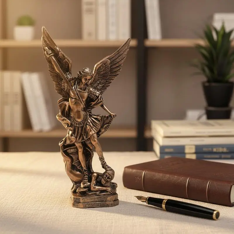 Retro Bronze Saint Michael Angel Resin Statue  Archangel Figurine Home Table Decor Spiritual Collectible for Prayer Room view 5