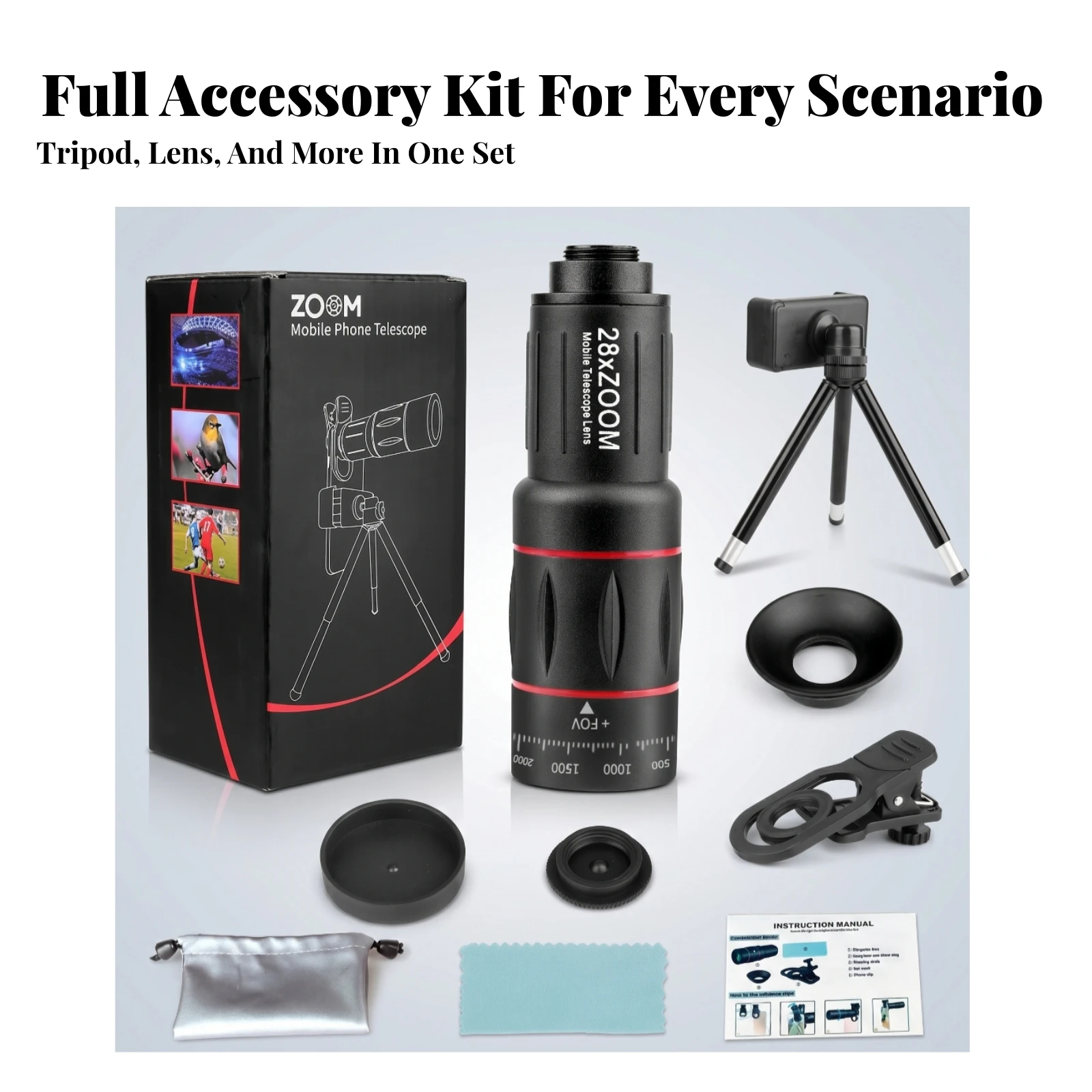 Phone Telephoto Lens Kit High Magnification 28x Zoom Lens Kit Mobile Accessory Tripod Use Optical Glass,Telephoto Camera Lens