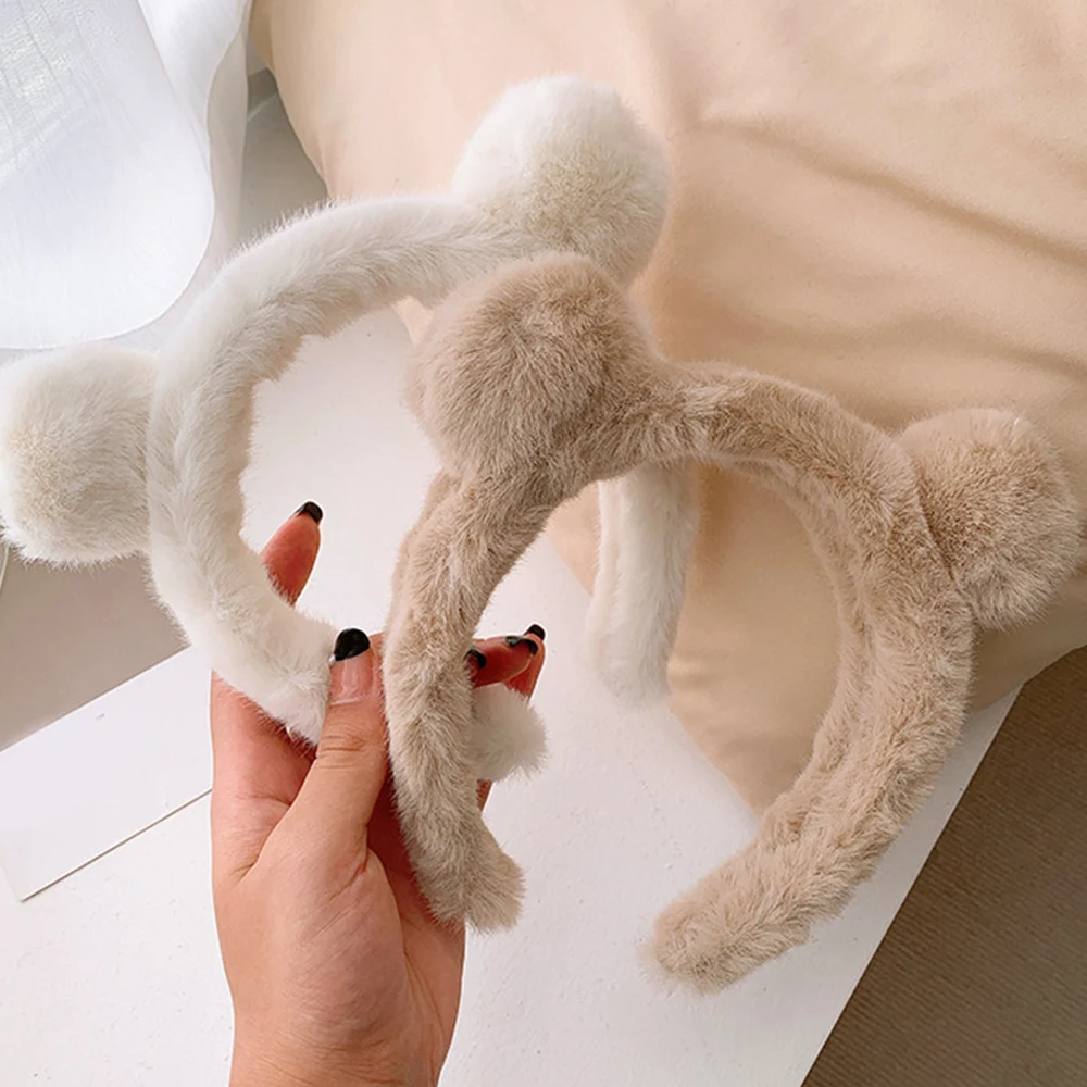 Plush Headband Cute Bear Ear Hariy Headhoop Women Spa Face Wash Anti -sliding Hair Holder Girls Cartoon Head Hoop Hairband Hoops