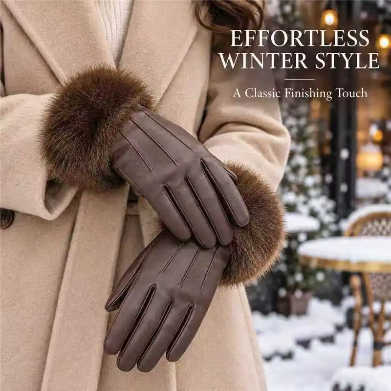 Fleece Lined Women PU Touchscreen Gloves With Faux Mink Fur Cuff,Full Finger Winter Gloves For Driving & Cold Outdoor Activities