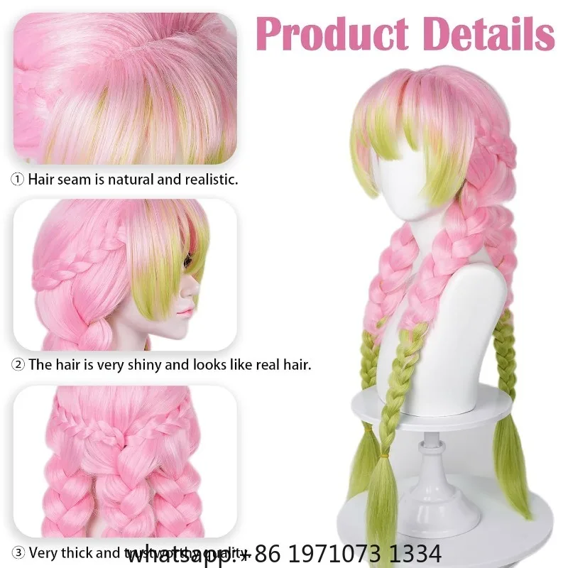 Beauty Anime Pink and Green Wig Kanroji Mitsuri Cosplay Braided Hair with Pigtails for Women Halloween Carnival Comic-Con Party