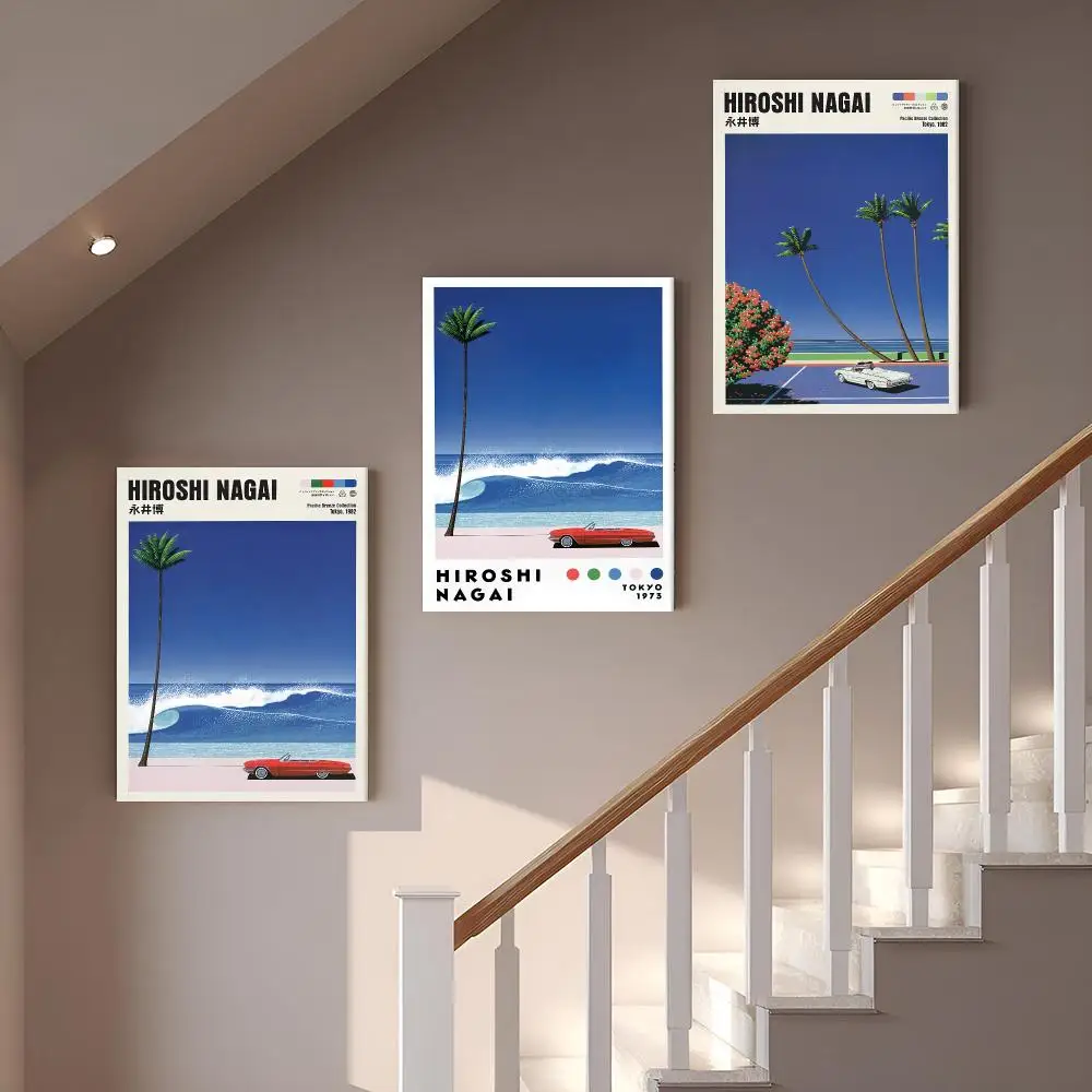 H-Hiroshi Nagai Coastal Convertible Ride Framed Wall Painting Vintage Framed Wall Art Poster Canvas Elegant Home Decor Painting