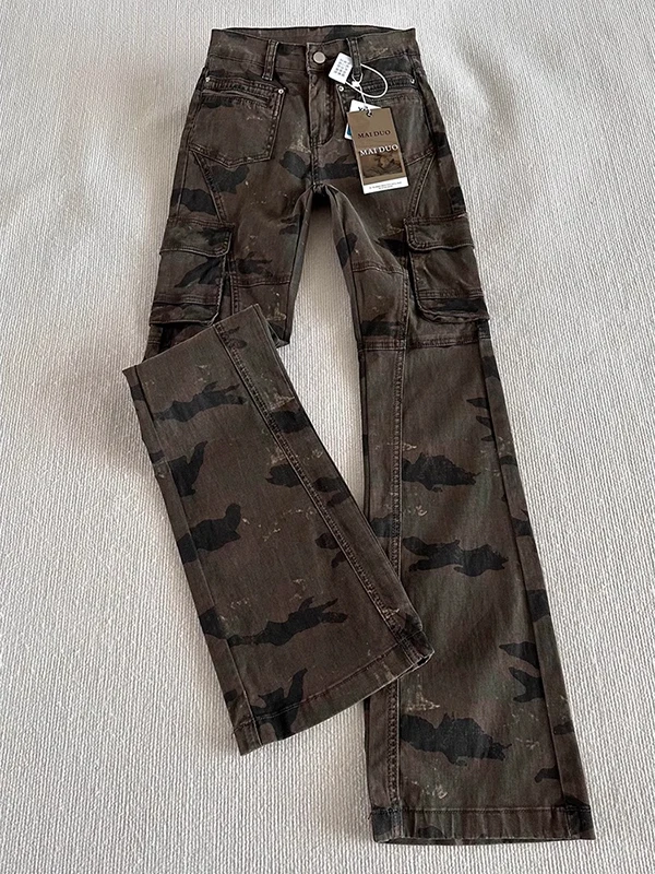 

Американские ретро-джинсы с камуфляжным принтом, мужские, с высокой талией, прямые, расклешенные, с множеством карманов, в стиле чино, рабочая одежда, молодежная мода