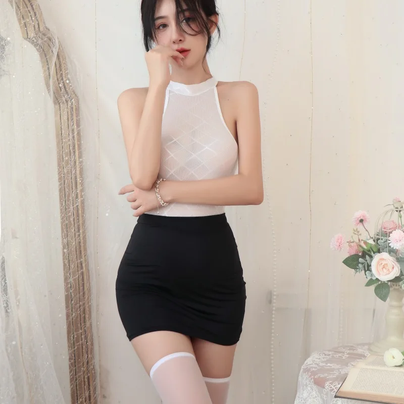 Sexy lingerie Hollow transparent uniform secretary outfit tight fitting bag hip skirt 2-piece set sexy hot lingerie for women