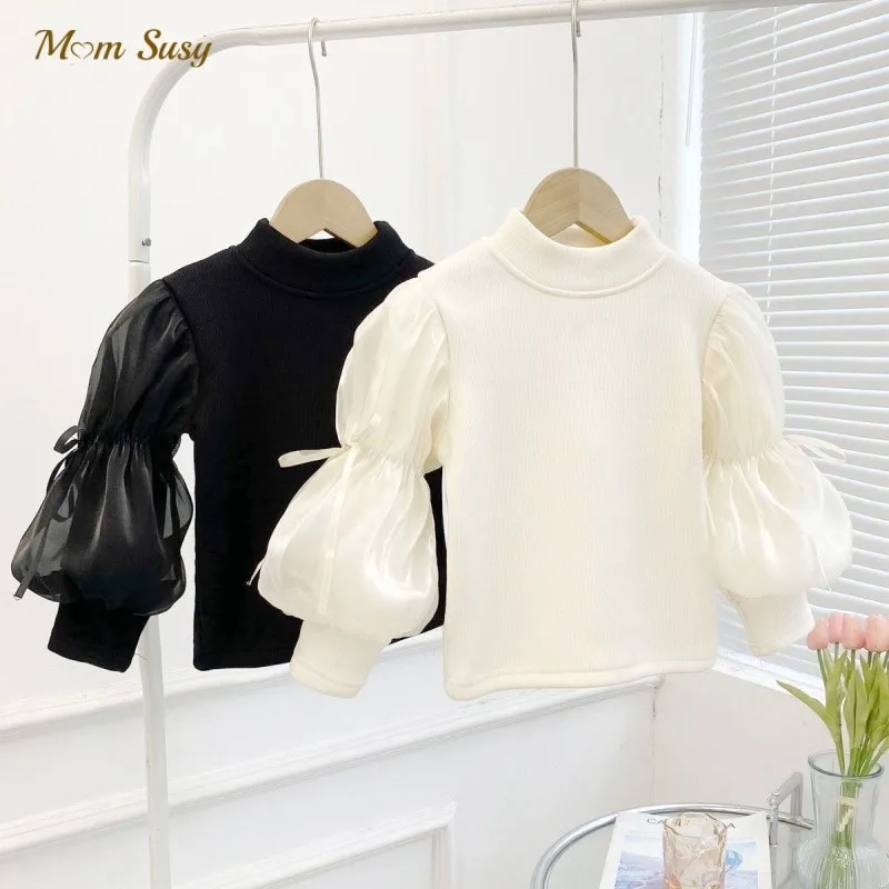 

Fashion Baby Girl Fleece Inside Tshirt Puff Sleeve Infant Toddler Child Warm Blouses Spring Autumn Winter Baby Clothes 1-10Y