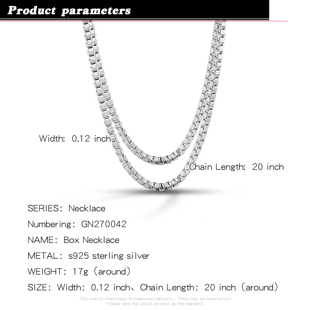 Minimalism 925 Sterling Silver 3mm Box Chain Necklace for Woman Man Valentine's Day Christmas Gifts Fashion Jewelry Accessories