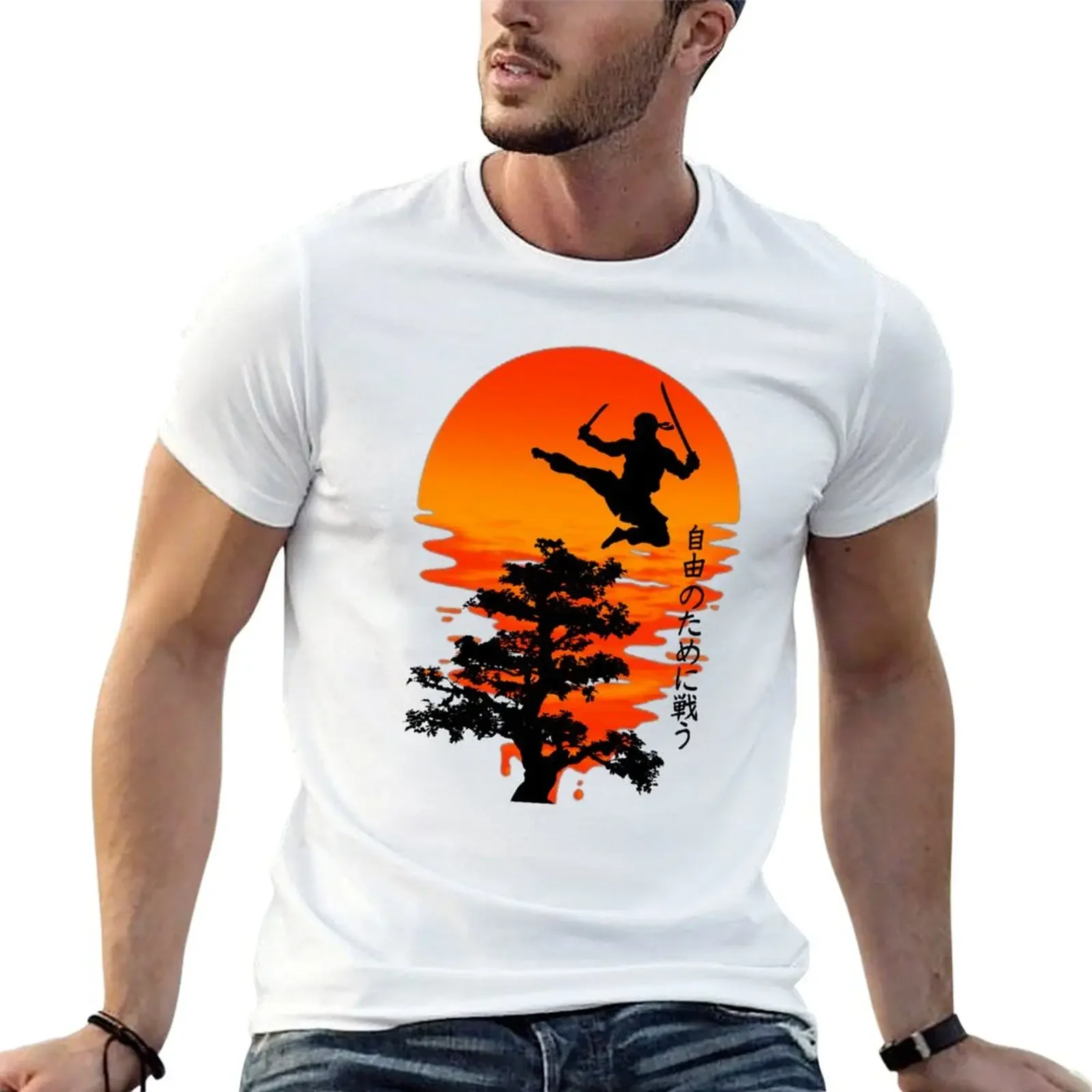 

Japanese Orange Black Sunrise Karate MMA Freedom Fighter T-Shirt graphic tee shirt anime tshirt T-shirt men