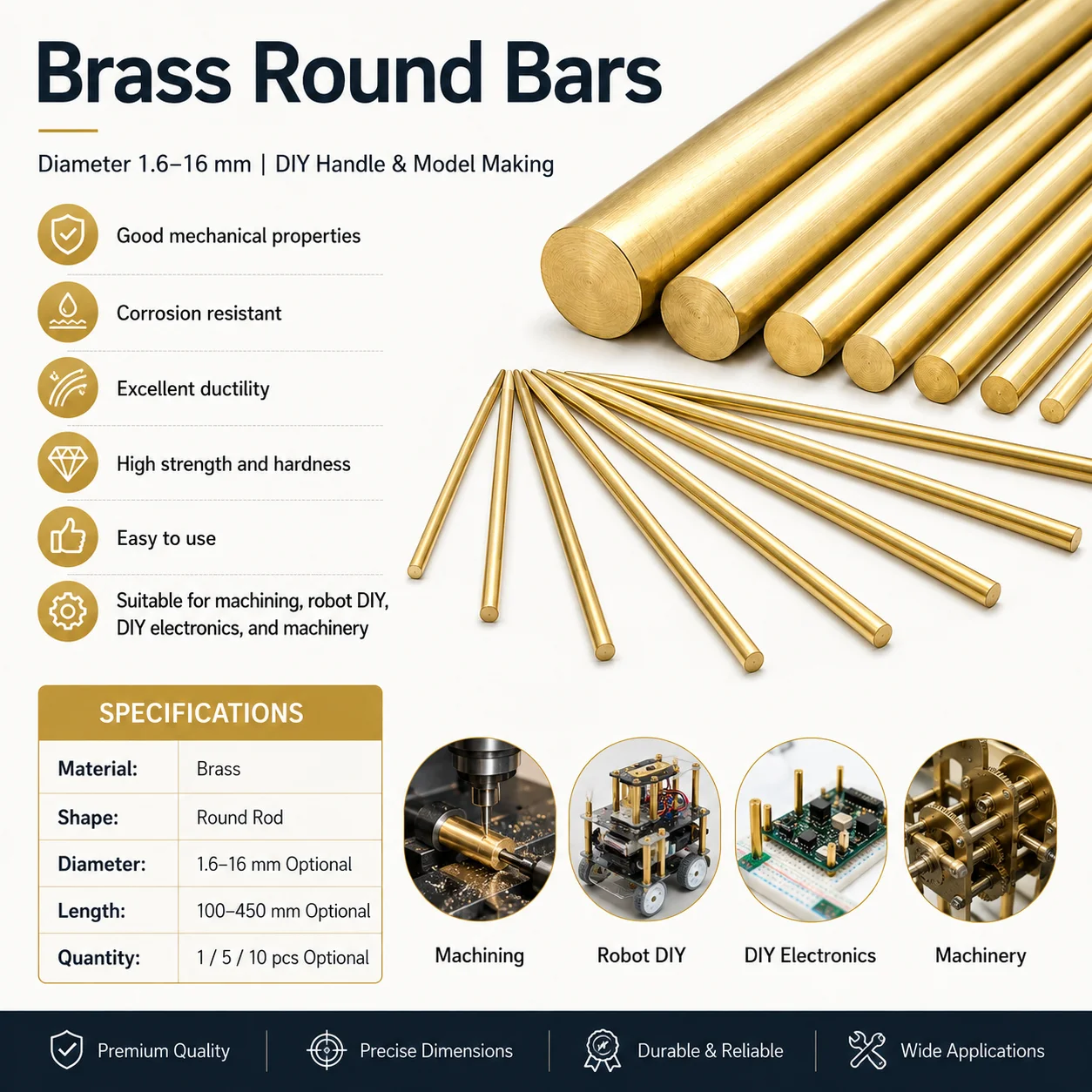 1-10pcs Brass Round Bar Rod Diameter 1.6-20mm For DIY Handle Circular Wire Tube Model Making Brass Rod Hardware Length 100-500mm