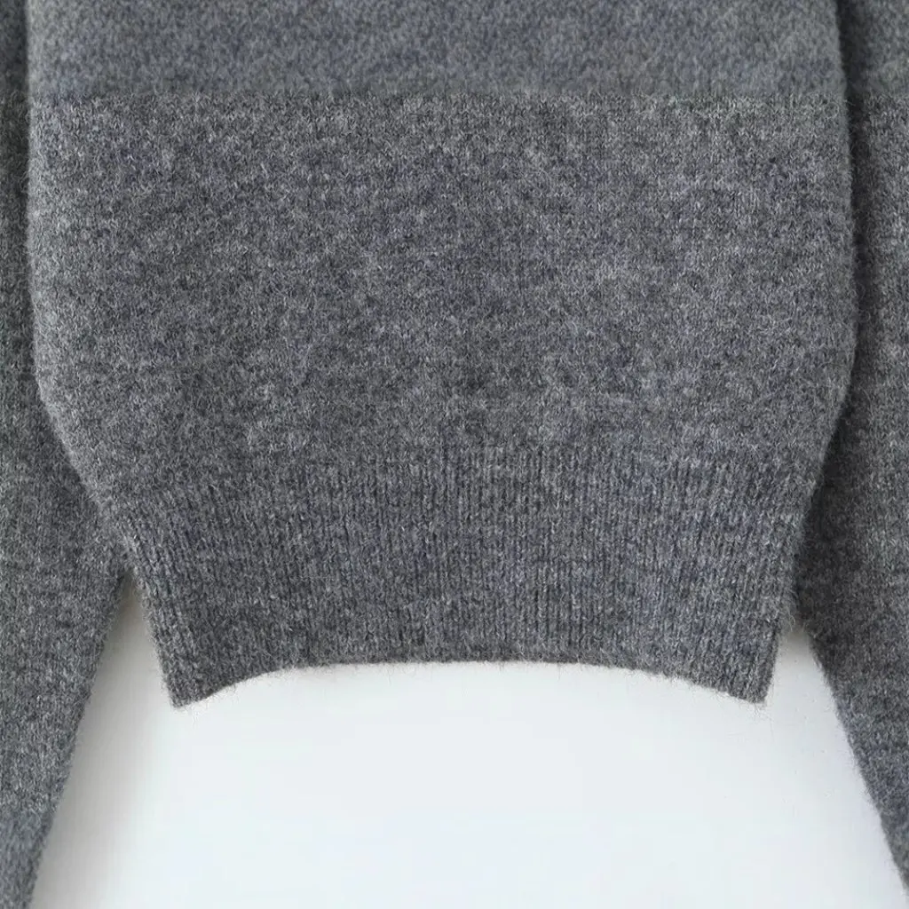 

YPFF Women's V-neck Long-sleeved Knitted Shirt European American Fashion Loose Short Solid Color Sweater Top Lazy Style