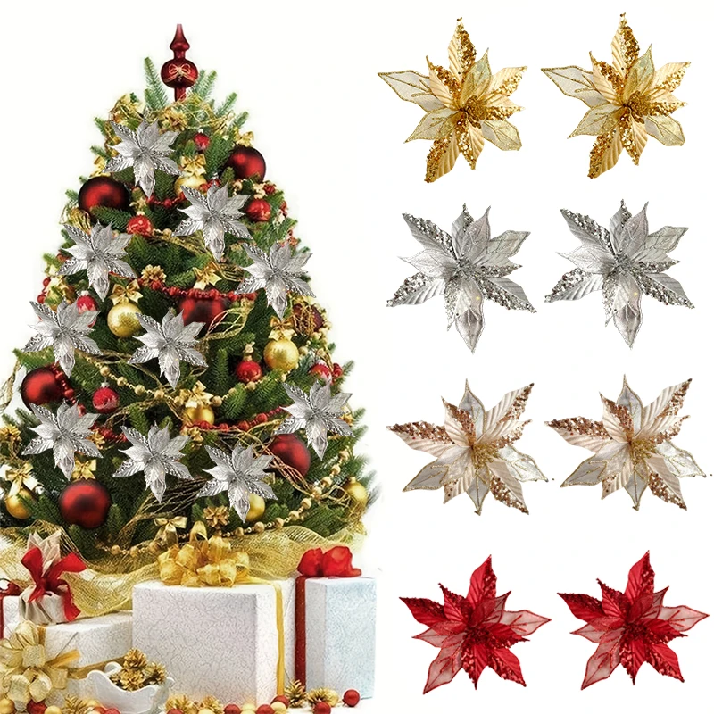 25cm Christmas Artifical Flower Sequin Fake Flower Garland Accessories Wedding Party Home Room Christmas Tree Decor Ornament