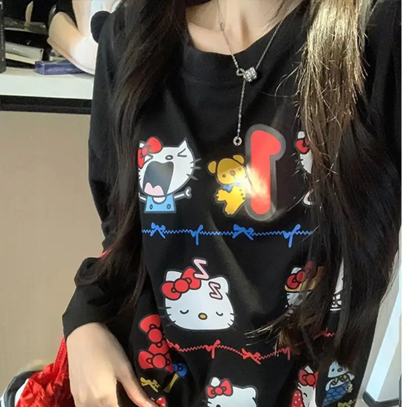 

Sanrio мультфильм девушка футболка с длинными рукавами Hello Kitty принт Kawaii свободная аниме весна осень новый стиль повседневная милая универсальная