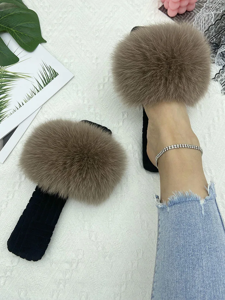 Fur Slippers Women House Flats Slides Summer 2023 Female Fashion Real Fur Flip Flops Luxury Fluffy Slippers Women Sandals Shoes