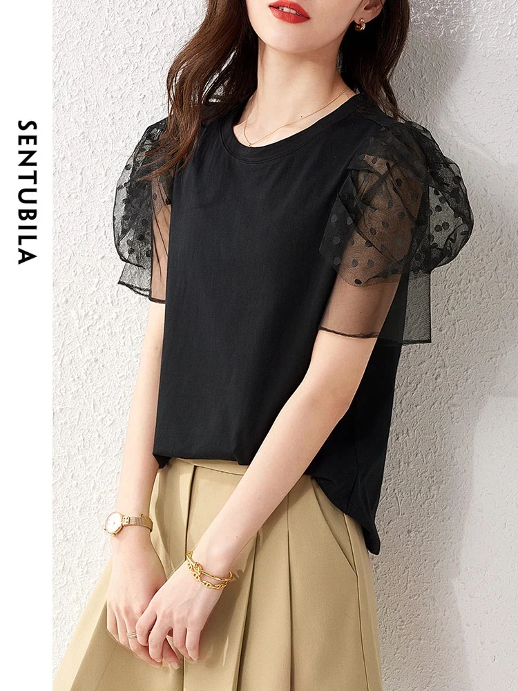 SENTUBILA Women's Summer Black T Shirts 2024 Cotton Patchwork Dot Gauze Short Sleeve Knitted T-shirts Fashion Tops 152T58891X