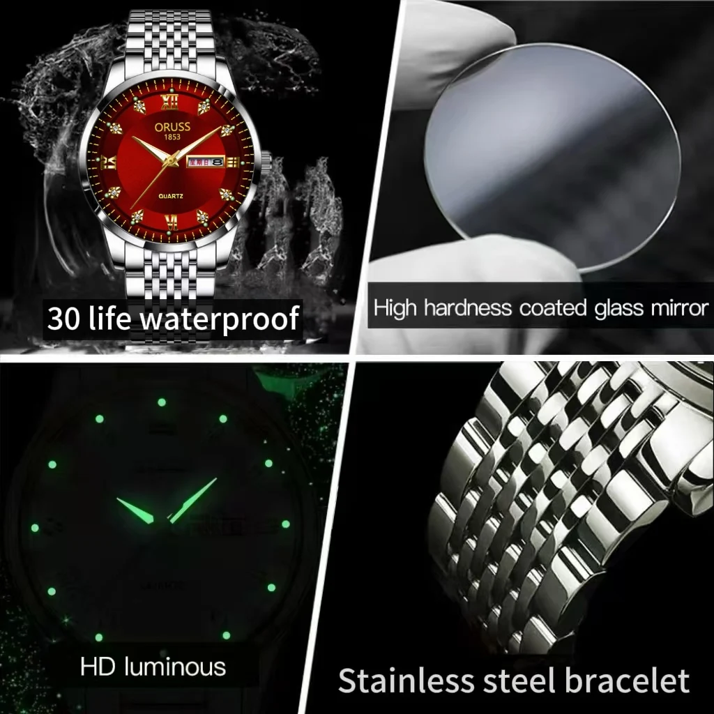 ORUSS оригинальные элитные роскошные мужские часы светящиеся часы для мужчин часы модные наручные часы из нержавеющей стали водонепроницаемые кварцевые