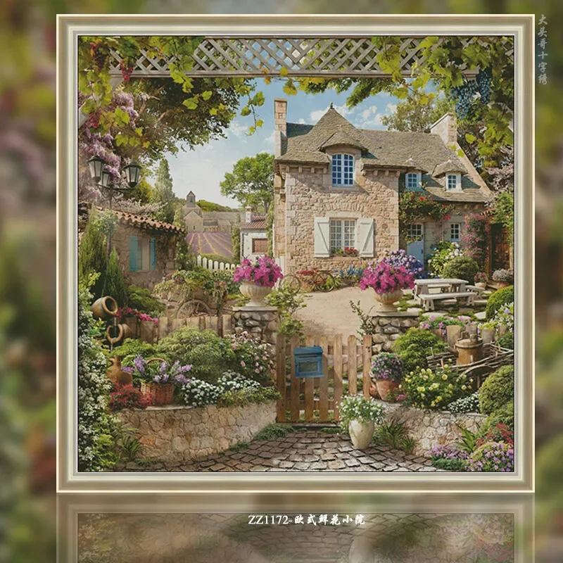 [ZZ1172-European Flower Courtyard]11CT 14CT 16CT DIY Stamped Cross Stitch Kit with Printed Canvas and Cotton Threads Embroidery