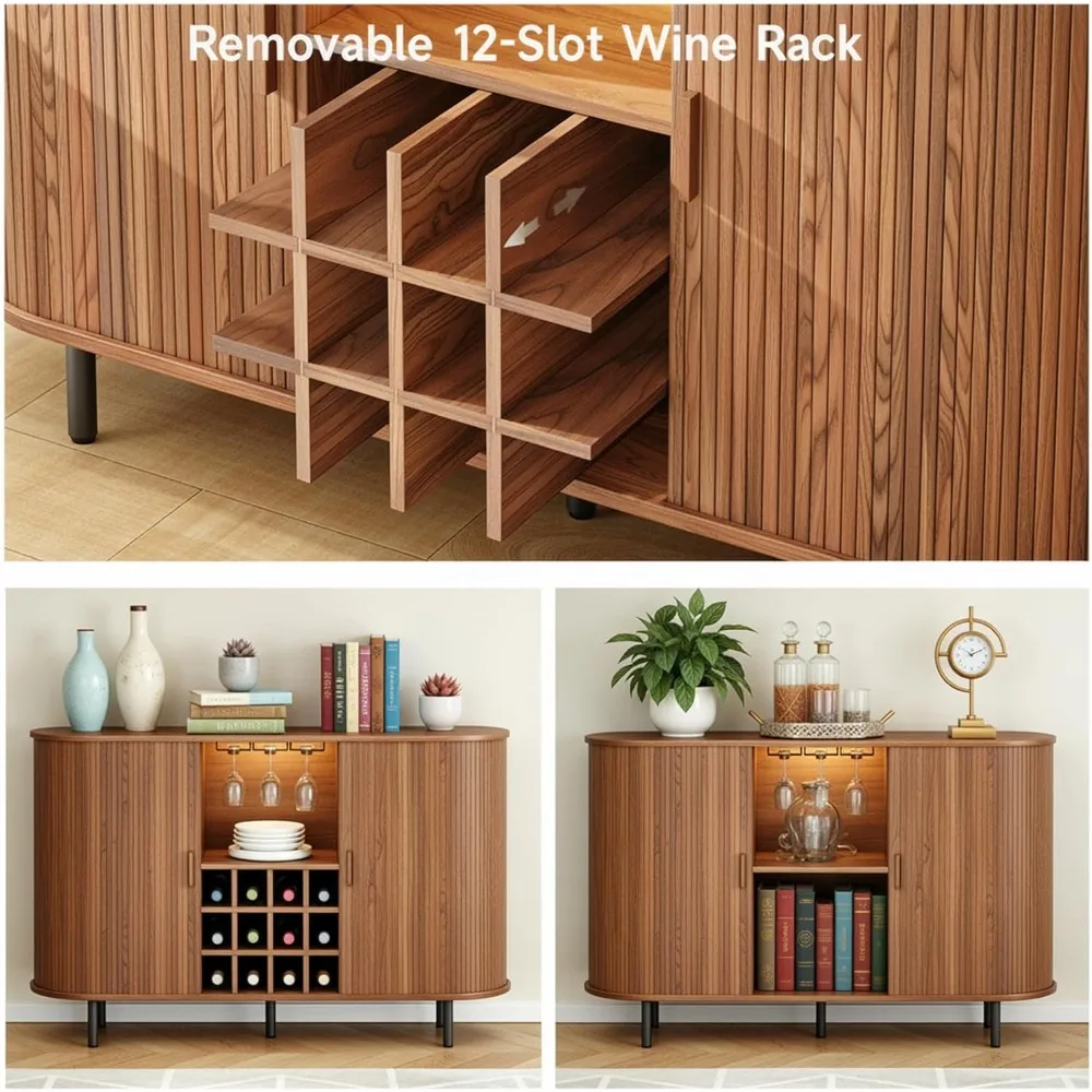 Szafka barowa z rowkami na wino, 55 cali, szafka na alkohol z oświetleniem LED, szafki barowe do kawy z miejscem do przechowywania, komoda w stylu mid-century modern C