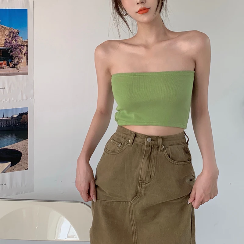 Lairauiy Women\'s Crop Tops Solid Color Slim Fitted Sleeveless Strapless Bandeau Tube Pullovers with Long Sleeves for Summer