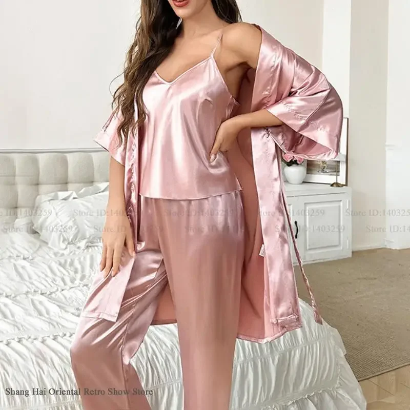 

Female 3Pcs Robe Pajamas Set Spring Summer New Sleepwear Home Clothes Sexy Satin Trouser Pijamas Suit Loose Nightwear Loungewear