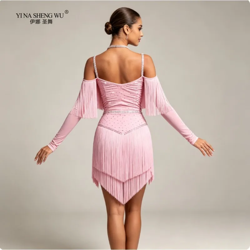 New Latin Dance Competition Performance Dress Dance Skirt Children Adult Long Sleeve Off Shoulder Tassel Light Pink Dance Skirt