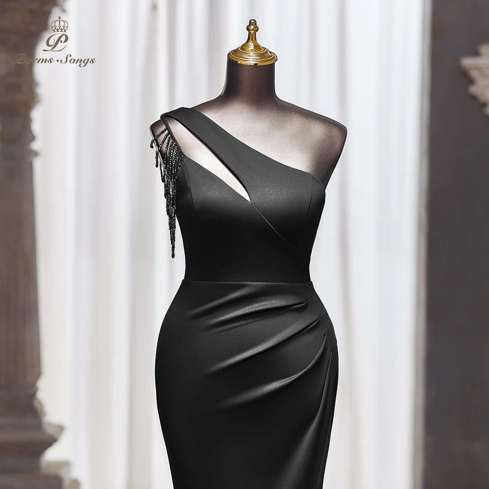 Poems Songs Black One-Shoulder Evening Dress with Beaded Sleeve and Draped Side, Slim Fit Elegant Gown vestidos de noche