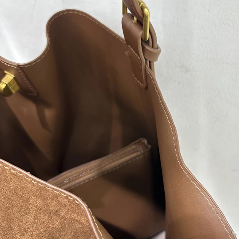 Korean Faux Suede Tote Bags For Women Luxury Designer Handbag Purse 2024 New In Vintage Lock With Inner Pocket Underarm Shoulder