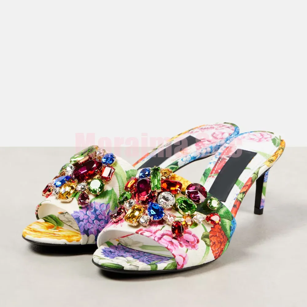 

Luxury Crystal Bling Mixed Colors Mules Round Open Toe Stiletto Mid Heel Sexy Fashion Women's Dress Slippers Summer Banquet 2025