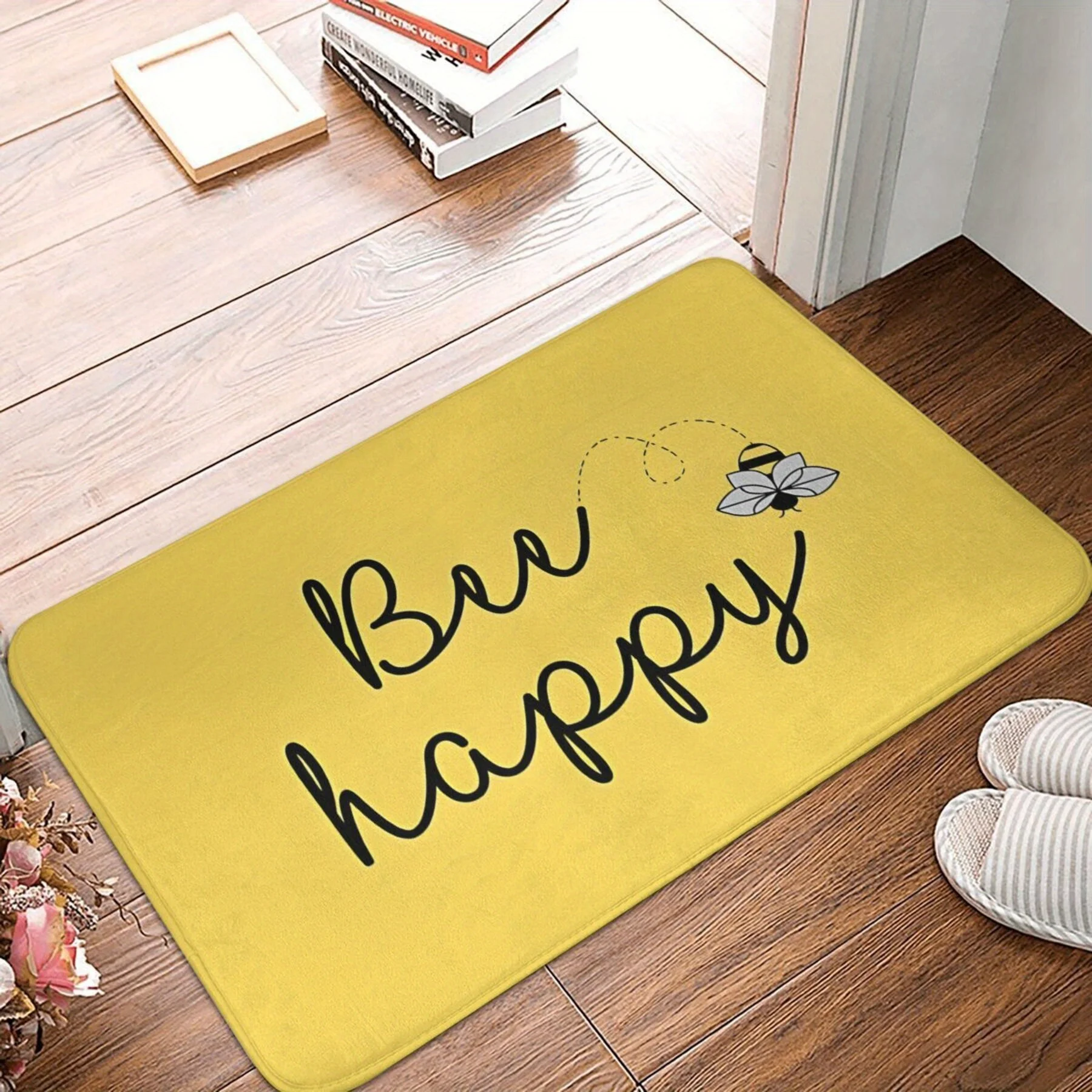 Bee Themed Polyester Doormat, Non-Slip, Machine Washable, Lightweight Rectangular Indoor Entrance Mat with Positive Quote