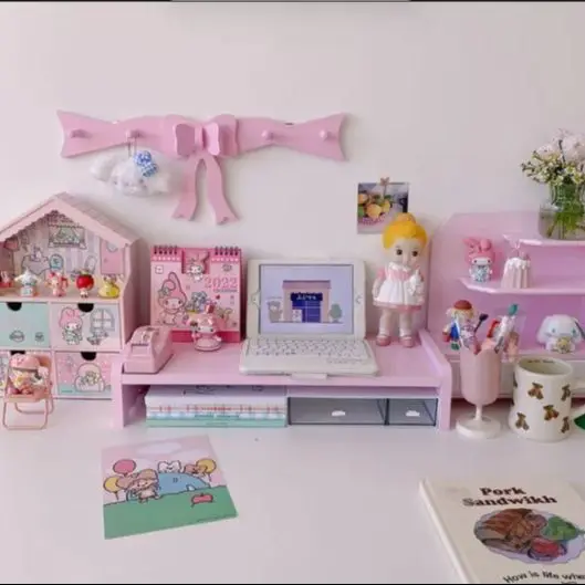 Office desktop ins storage rack rack girl heart laptop monitor screen increase rack storage rack interior decoration rack