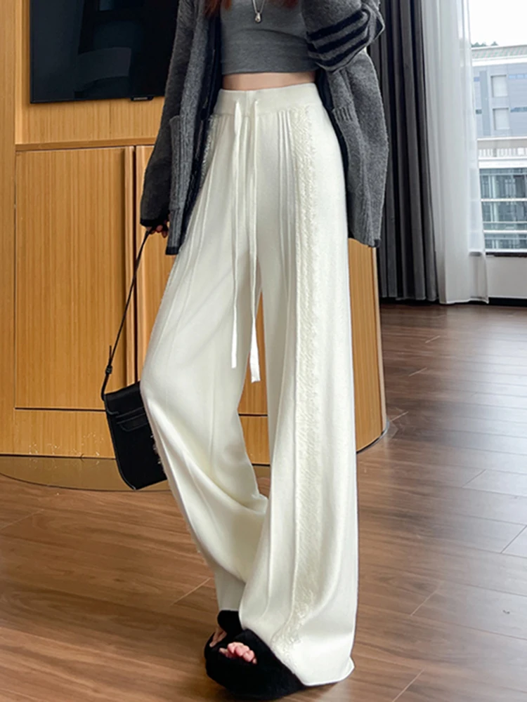 Spodnie damskie z wysokim stanem, koronkowe, dzianinowe, z szerokimi nogawkami, codzienne, proste, jesienno-zimowe, nowe, uniwersalne, wygodne.