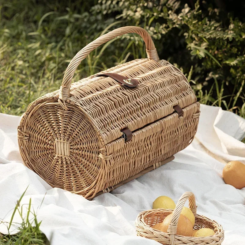 Outdoor Camping Storage Basket Cane Handmade Storage Items Card Buckle Design Picnic Basket Convenient Practical Rattan Tray