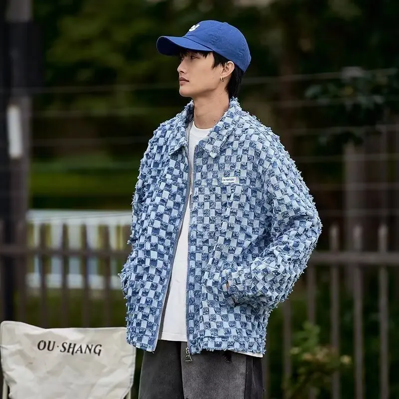 

Новая американская уличная куртка с мужским и женским шахматным узором, свободная повседневная молния, куртка с бахромой, пара