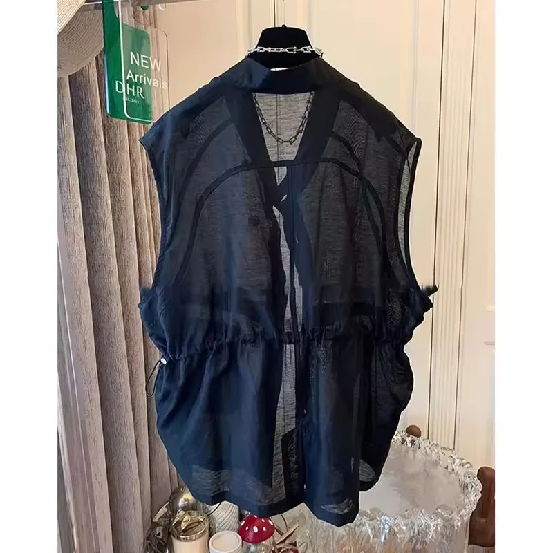 Gilet fin mi-long pour femme, couleur unie, décontracté, col en V, sans manches, coréen, ample, vêtements d'extérieur, été, 2025