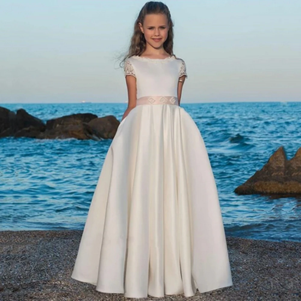 Customized White Satin A-line Floor-length Short Sleeve Girls Pageant Dresses First Communion Dresses For Girls Flower Girl Dres