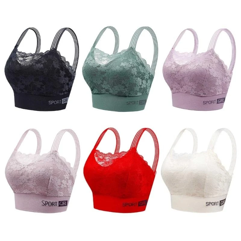 400A Women's Sports Bra Wirefree Comfortable Soft Breathable Padded Lace Bra Tops Push up Underwear for Yoga Fitness Exercise