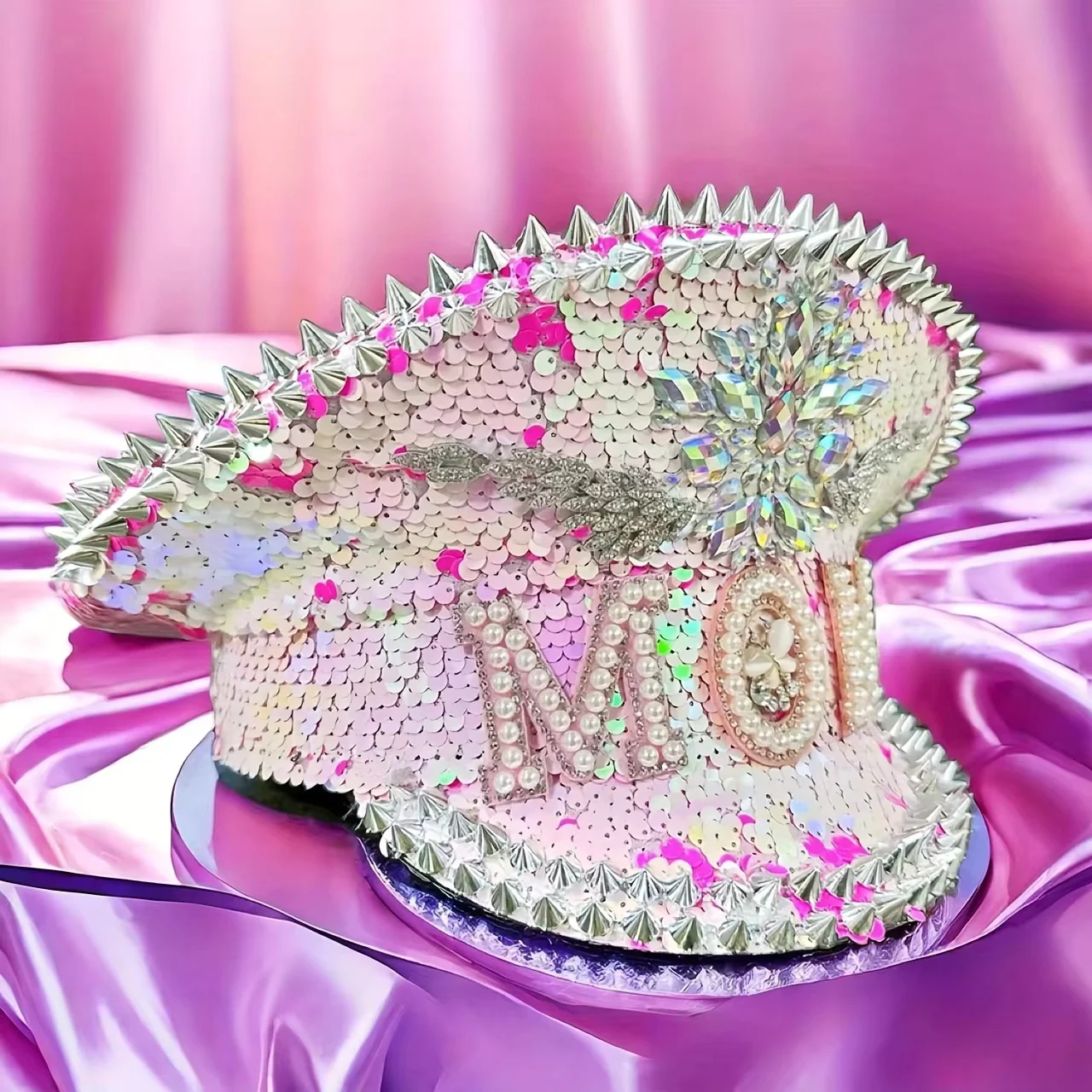 HongLuan Gelber Laser-Leder-Loop-Kapitänshut mit Strasssteinen und Militärkappen für Damen, Rave-Festivals-Accessoires und Partymütze für Herren