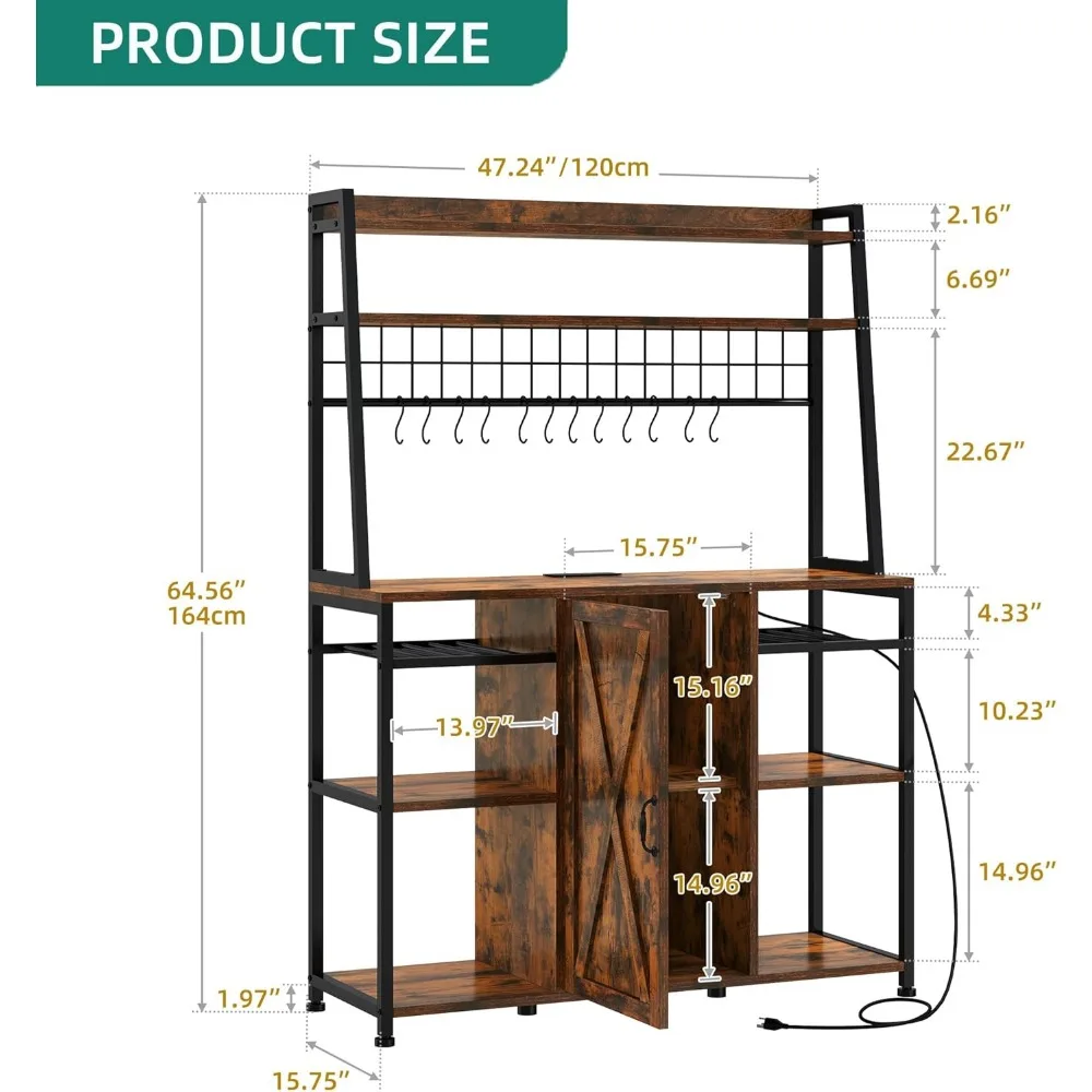 رف خباز كبير مقاس 47 بوصة على طراز المزرعة مع مخرج طاقة وتخزين، وخزانة بار القهوة، وحامل ميكروويف للمطبخ