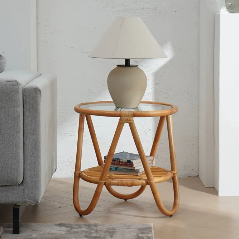 Vintage-Rattan-Couchtische, doppelschichtig, für Wohnzimmer, Balkon, Schlafzimmer, einfache Originalität, Wohnmöbel, TeapoyHQ40
