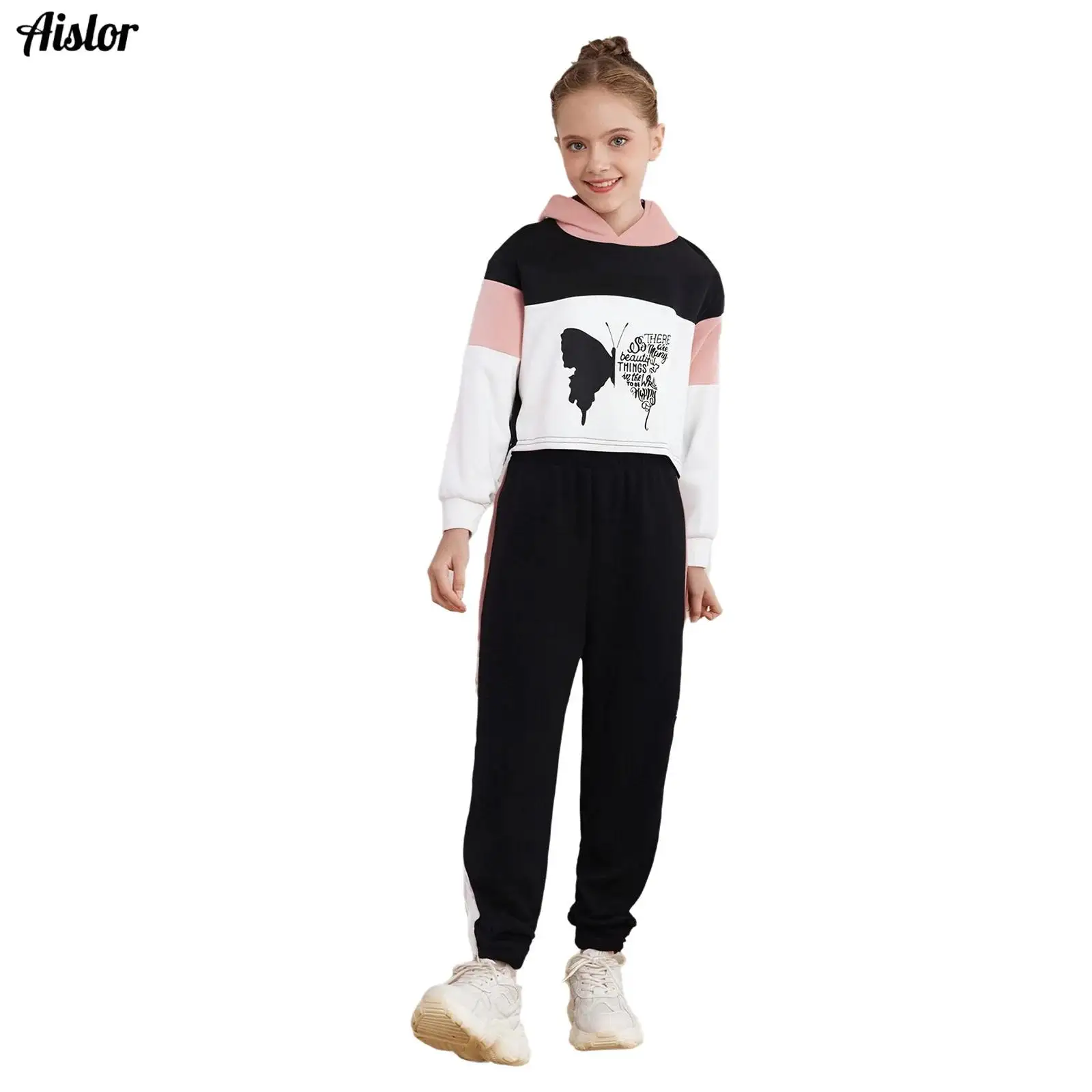 

Kids Girls Tracksuit 2-Piece Casual Set Color Block Butterfly Print Hoodie Sweatshirt with Elastic Waistband Sweatpants Trousers