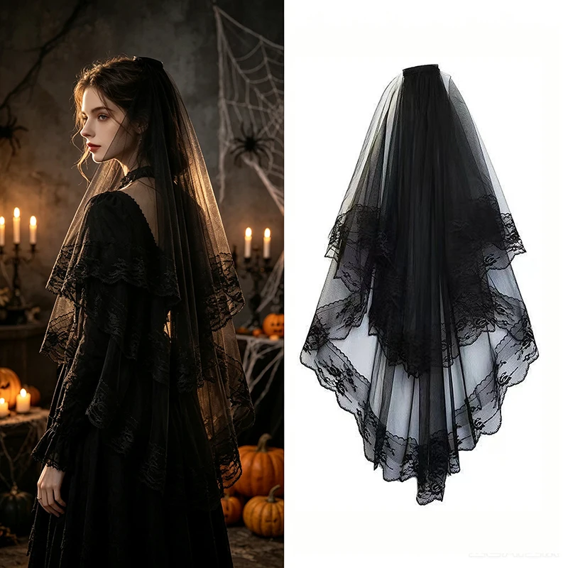 1PC Halloween Gothic Black Lace Two-Tier Veil with Comb Bride Cosplay Dark Wedding Party Hair Accessory