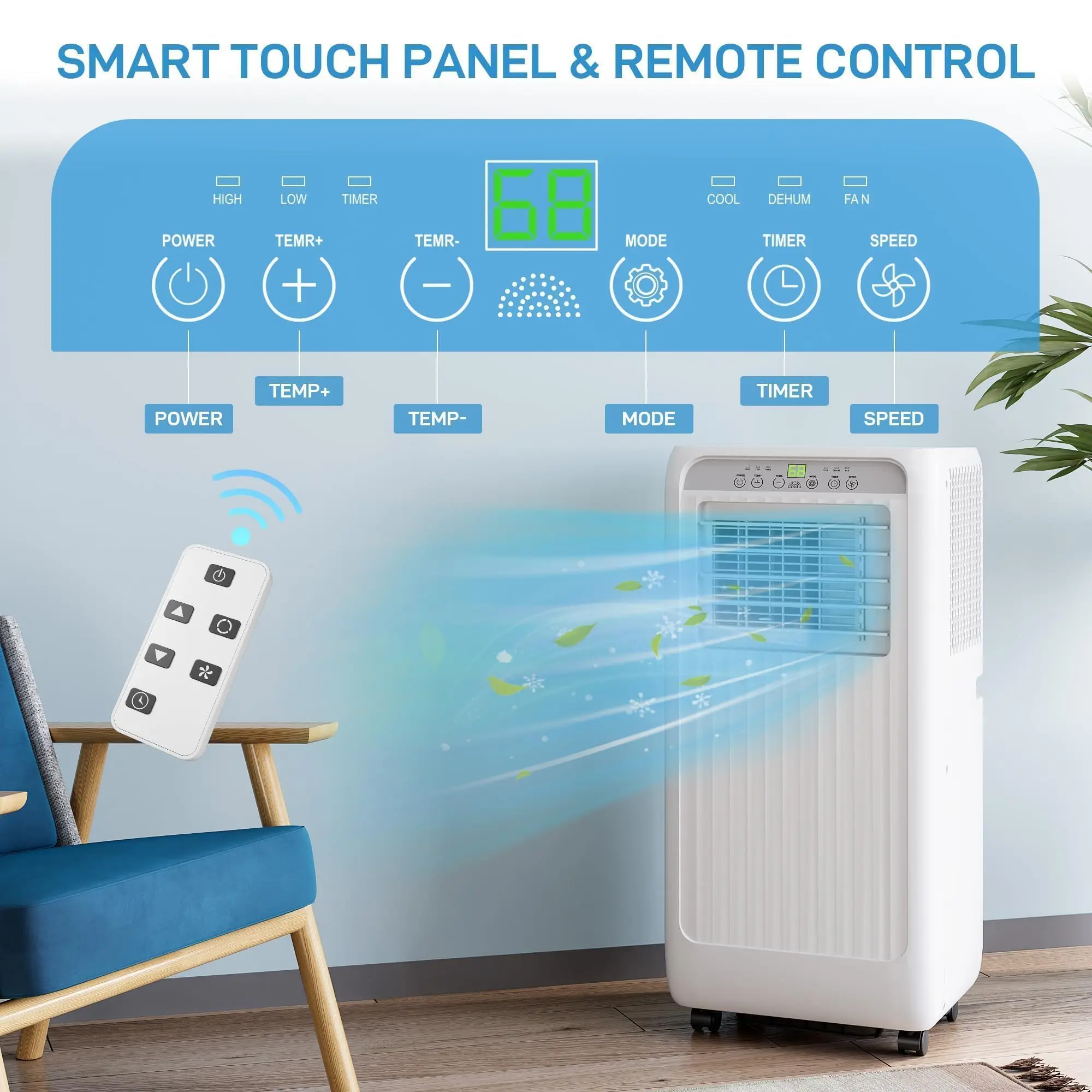 Portable Air Conditioner,10,000 BTU for Rooms up to 450 Sq.Ft., Smart Compact AC Unit with Cooling, Dehumidifier, Fan, Remote Control and Window Kit, White