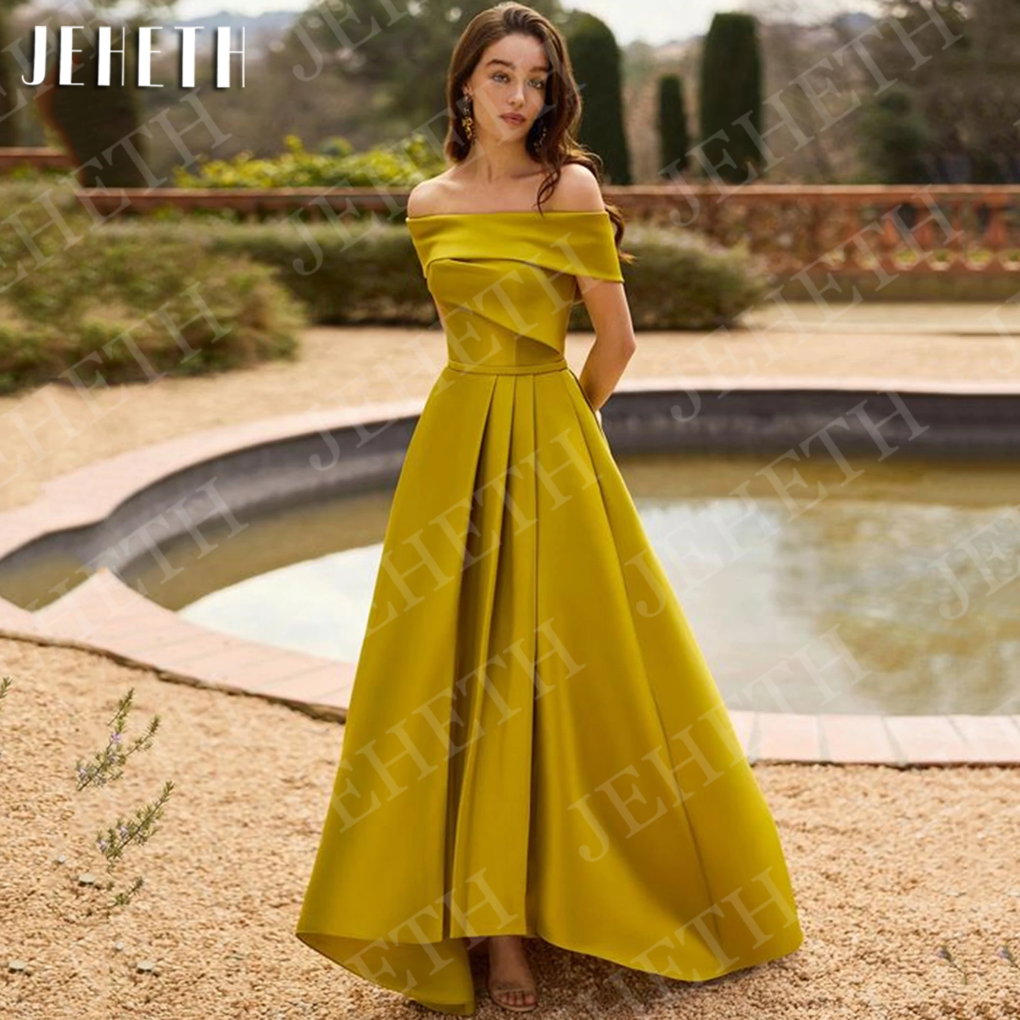 JEHETH Satin Off Shoulder Evening Dress Elegant High Low A Line Pleated Formal Party Dresses Customized Vestido Invitada Boda