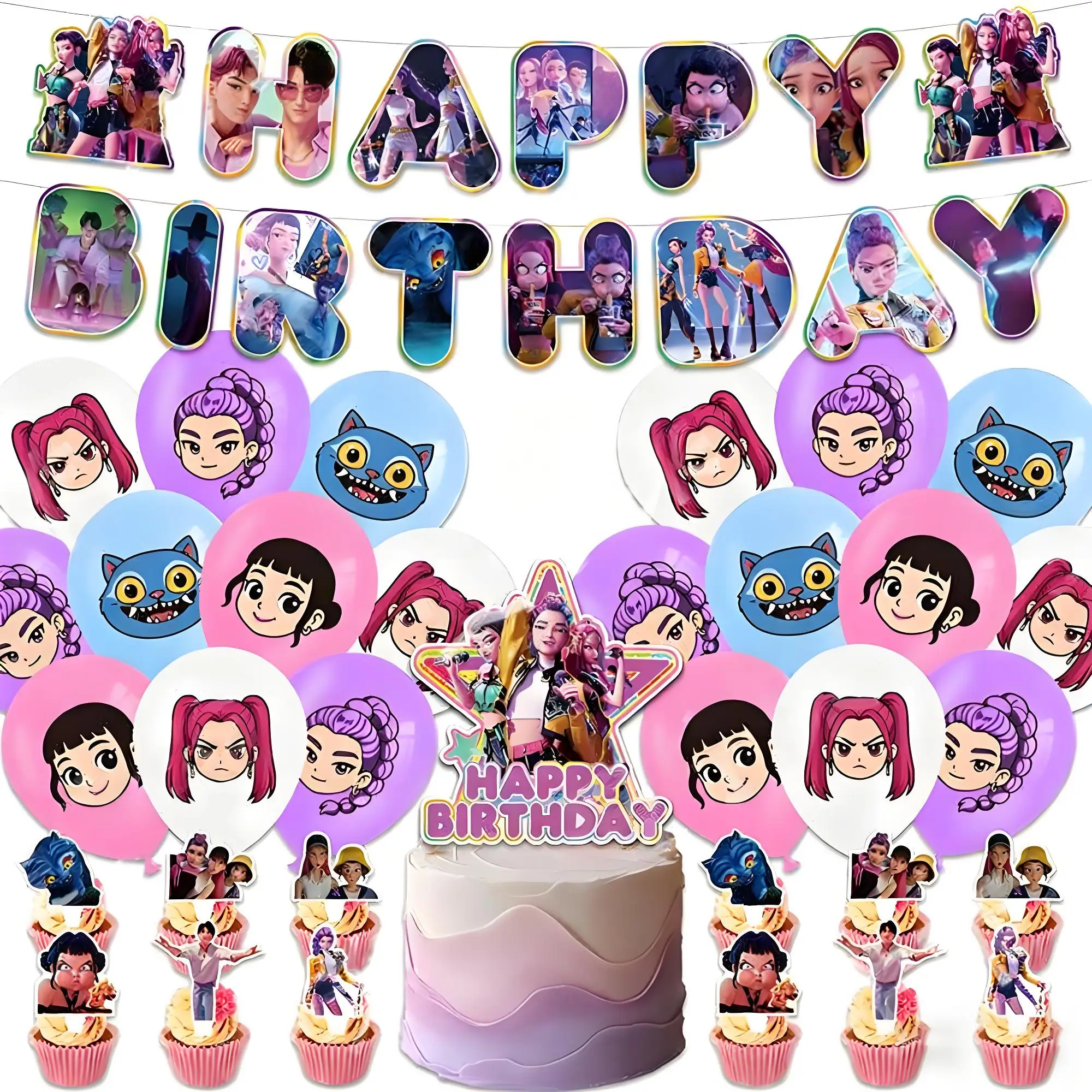 Demon Hunters Birthday Party Decor Tableware Banner Decorations Cake Topper Balloon Girl Kid Korean Kpop Anime Party Supplie Set