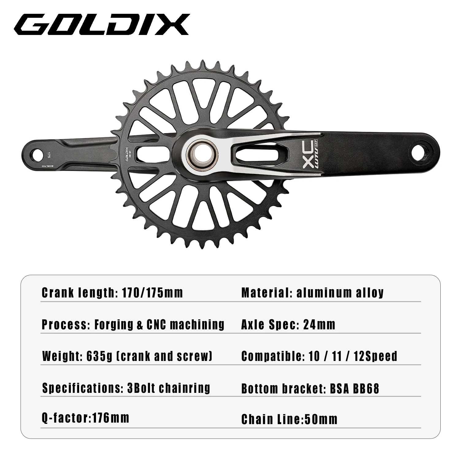 GOLDIX Mountain Bike Crankset 165/170/175mm Forged Crank Arm 3Bolt Direct Mount 3mm Offset 34/36/38/40T Chainring for XC AM Bike