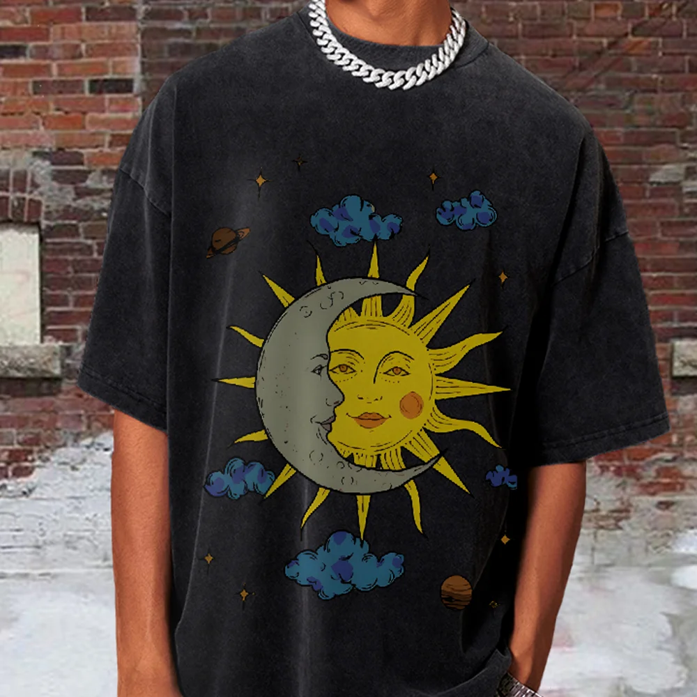 

Sun Hugging Moon Print Women's T-Shirt Washed Retro Oversized Short Sleeve American Trend Hip Hop Top Summer Hot Selling Tee