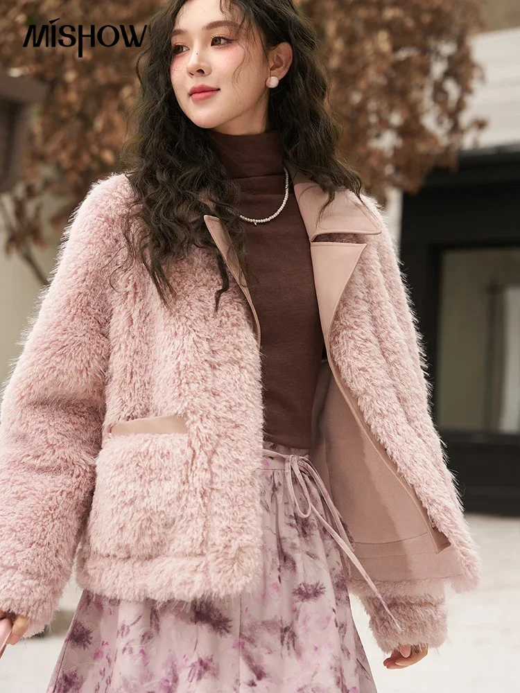 MISHOW Fashion Faux Fur Coat for Women Winter PU Leather Patchwork Furry Jacket Thick Warm Imitation Lamb Wool Top MXC58W0194