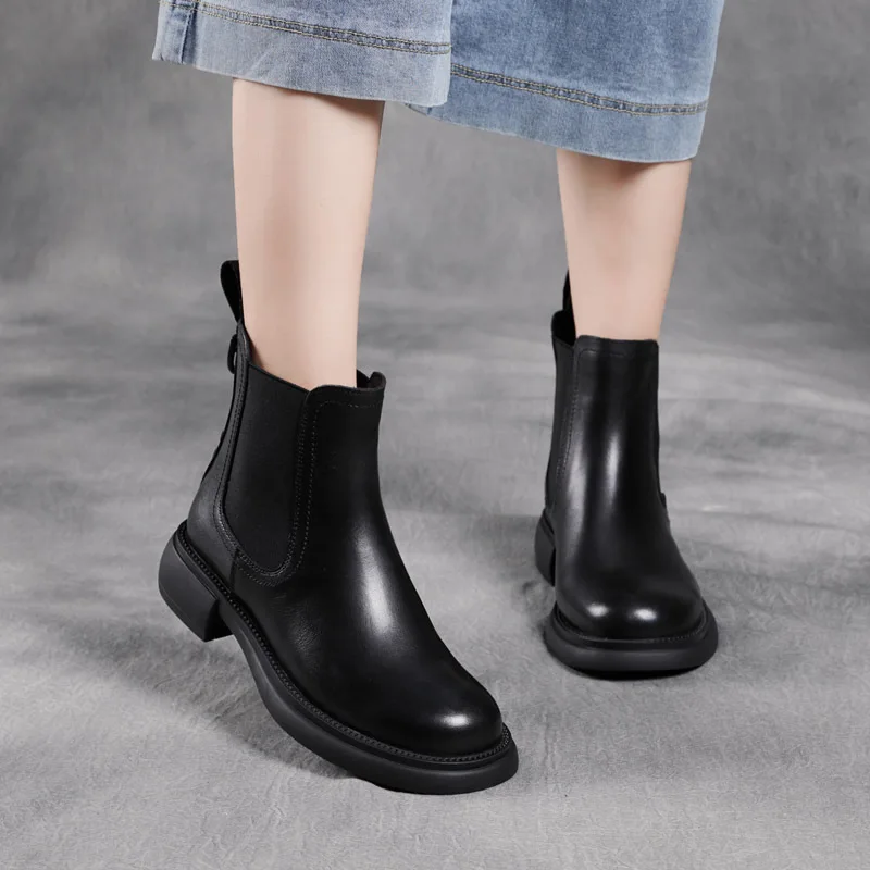 Hot-Selling New Arrival Classic Leather Chelsea  round Toe Mid Heel Ankle  First Layer Cowhide Casual Single