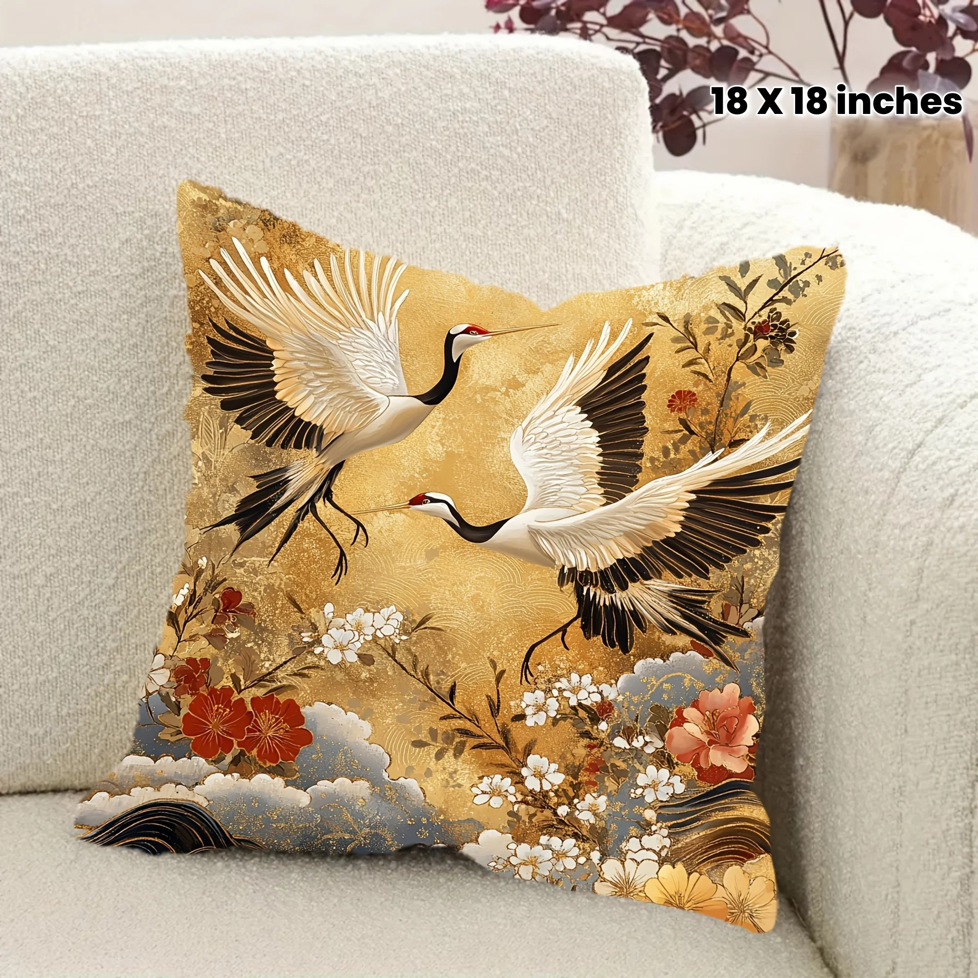 1pc Modern Super Soft Polyester Short Plush  Plant Flower Golden Crane Japanese Art By Gani 75 Suitable For Home