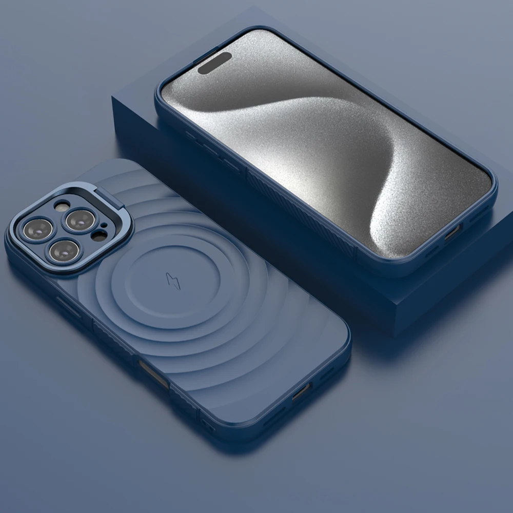 Flip Fold Lens Stand Water Wave Magnetic Phone Case For iPhone 17 16 13 14 15 Pro Max Luxury For Magsafe Wireless Charge Cover